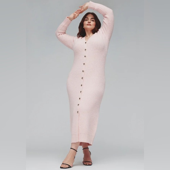 Eloquii Heart Shaped Button Pink VNeck Sweater Dress - Picture 2 of 10